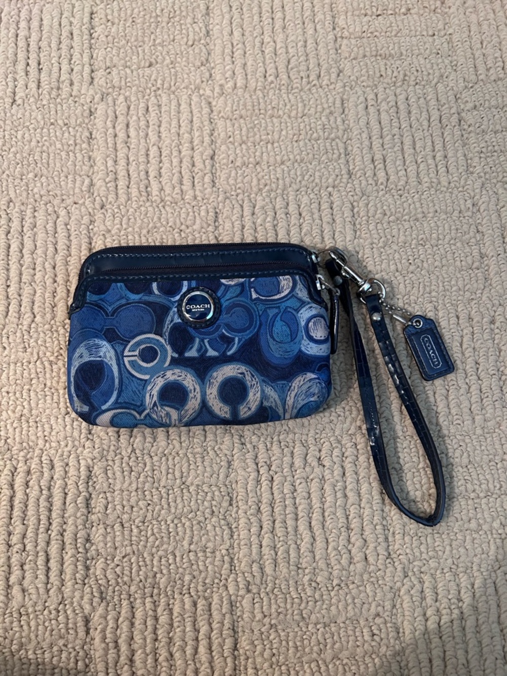 COACH Blue Multi Signature Wristlet with Detachable Strap